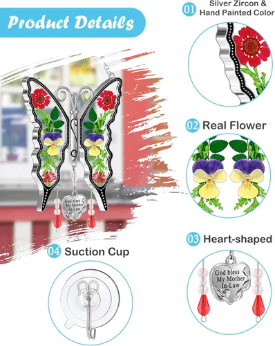 Miniatura 8 de KY&BOSAM Regalos para mamá atrapaluz de mariposa "God bless my mother-in-law" de vitral para ventanas, campanilla de viento, adorno colgante