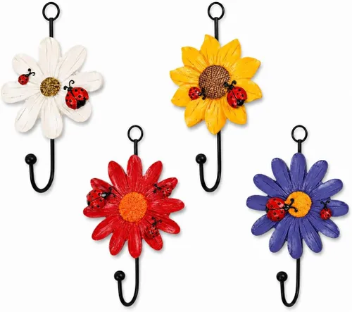 Notakia Ganchos de pared de flores de margarita de resina, decoración para colgar abrigos, ganchos de hierro con impresión de arte vintage, gancho