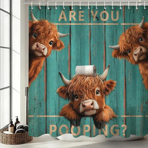 Mocsicka - Cortina de ducha vintage divertida de vaca de las tierras altas con 12 ganchos, cortina de baño estilo puerta de granero retro verde para