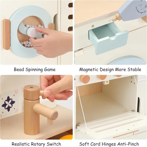 Miniatura 4 de Juego de cocina de madera Pillowhale, juego de cocina grande interactivo con lavadora, horno, cajón y almacenamiento, utensilios de cocina de metal