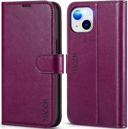Miniatura 10 de TUCCH Funda tipo billetera para iPhone 14, [Bloqueo RFID] [4 ranuras para tarjetas] Funda protectora interior de TPU, funda abatible magnética