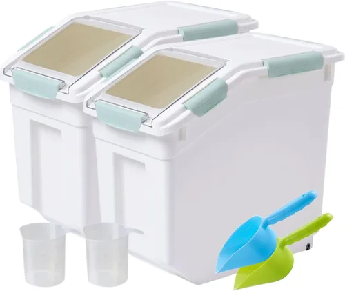 Miniatura 9 de Saim Recipiente de arroz de 25 libras, recipiente grande hermético de almacenamiento de harina con ruedas, taza medidora, paquete de 2 unidades por