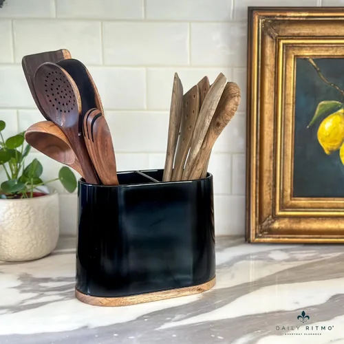 Miniatura 2 de DAILY RITMO® Soporte para utensilios ovalado grande negro con base de bambú y divisor