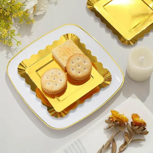 Miniatura 7 de Efavormart - Paquete de 50 platos de papel de aluminio dorado con borde festoneado de 5 pulgadas, mini platos de postre geométricos cuadrados