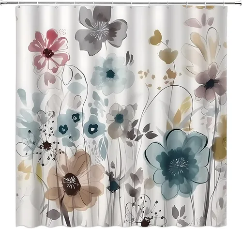 Miniatura 2 de Cortina de ducha floral azul gris acuarela flor rústico bohemio plantas botánicas flores silvestres casa de campo tela decoración de baño cortina