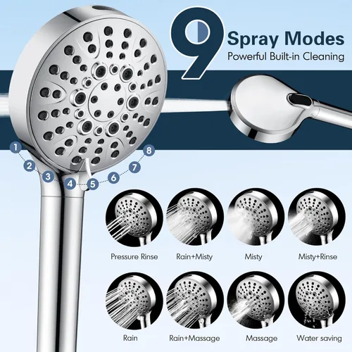 Miniatura 2 de BRIGHT SHOWERS Cabezal de ducha filtrado con mano, cabezal de ducha de 9 modos de pulverización de alta presión con manguera larga y soporte, filtro