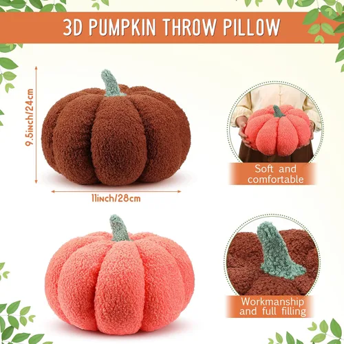 Miniatura 2 de Kajaia 2 almohadas de felpa de calabaza simulada de 11 x 9.5 pulgadas, cojines 3D para decoración de otoño, Halloween, Acción de Gracias, Naranja