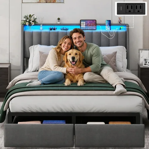 Miniatura 3 de Base de cama matrimonial con 2 cajones de almacenamiento, base de cama de plataforma tamaño matrimonial con luz LED, cabecera tapizada, estación