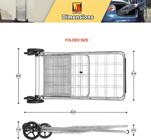Miniatura 4 de Wellmax Carrito de comestibles plegable con ruedas, carrito utilitario de metal resistente con parte inferior de malla, cesta trasera adicional