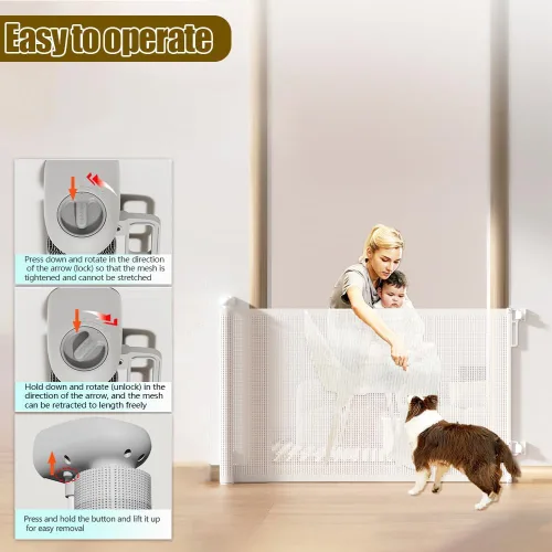 Miniatura 5 de Puertas retráctiles para bebés para escaleras, puertas, pasillos, puerta retráctil de malla suave para mascotas, uso en interiores o exteriores, Gris