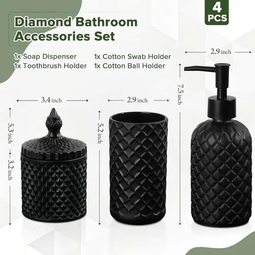 Miniatura 2 de RYTOXILO Juego de accesorios de baño negro mate, paquete de 4 juegos de accesorios de baño negros, dispensador de jabón de vidrio de diamante