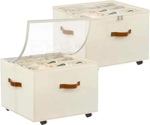 Organizador de zapatos para armario, paquete de 2 organizadores de almacenamiento de zapatos con ruedas y divisores ajustables, caja de