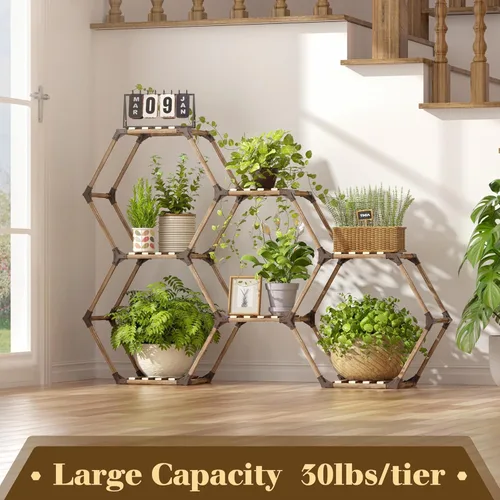 Miniatura 4 de Tikea Soporte para plantas para interiores y exteriores, soporte hexagonal para múltiples plantas, estante grande de madera para plantas, 7 niveles