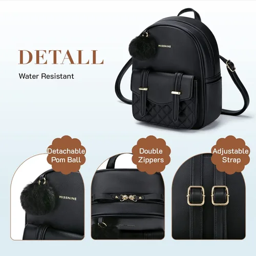 Miniatura 5 de Missnine Mini mochila para mujer, bonita mochila pequeña con pompón, de piel sintética, mini mochilas casuales para damas, 1-negro, Casual Chic