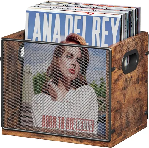 Homeiju Caja de discos de madera y metal, soporte y organizador de álbumes de vinilo, con capacidad para hasta 60 discos