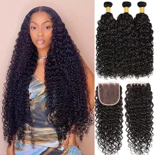 Miniatura 10 de Borchan Water Wave 3 Paquetes Cabello Humano Húmedo y Ondulado Cabello Humano 3 Paquetes para Mujeres Negras 16 18 20 Pulgadas Paquetes Brasileños