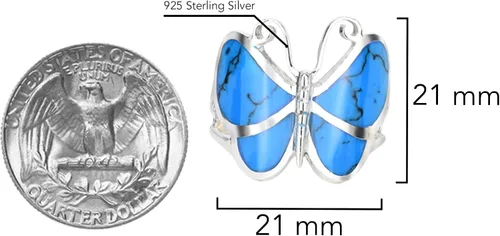 Miniatura 4 de Anillo de plata de ley 925 con diseño de mariposa y turquesa azul simulado.
