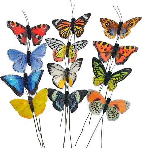 Miniatura 10 de Juego de Adornos Artificiales de Plumas en 3D Mariposa para Fiesta, Juego de 12 Adornos de Color para Árbol de Navidad(C)