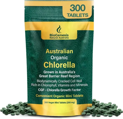 Biogenesis Mini tabletas orgánicas de Chlorella – 300 unidades (200 mg) | Cultivadas en Australia | Ricas en clorofila, vitaminas y minerales |