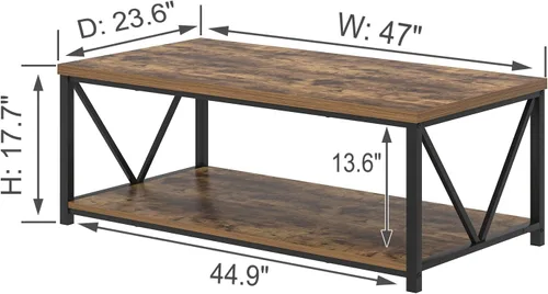 Miniatura 2 de EXCEFUR Mesa de centro moderna, mesa de sala de estar de madera rústica y metal con estante de almacenamiento, mesa central rectangular industrial