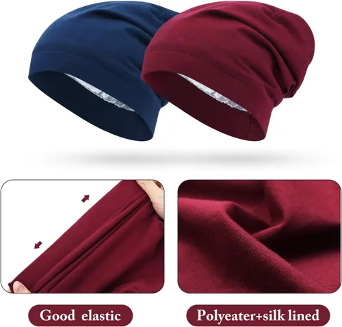 Miniatura 31 de 4 Pieces Satin Lined Beanie Cap Satin Sleep Lined Hat Slouchy Beanie Hat Night Silk Hair Cap for Women Men