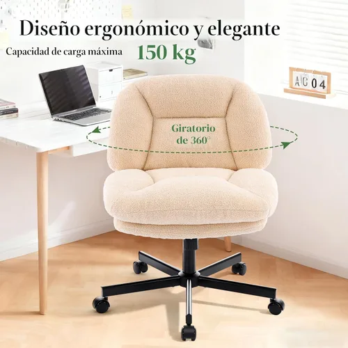 Miniatura 7 de Silla cruzada gruesa, acolchada, ergonómica, con patas cruzadas, con ruedas, silla giratoria sin brazos, altura ajustable para computadora