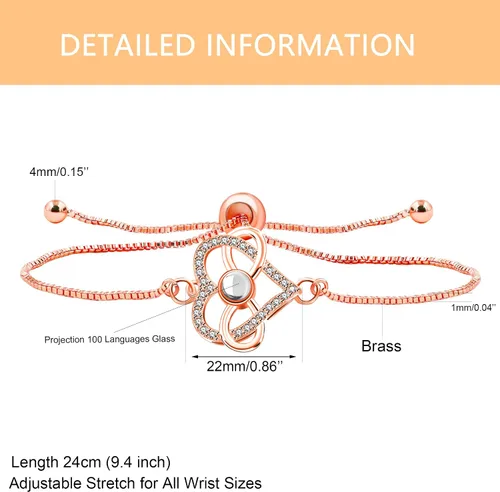 Miniatura 3 de Pulsera ajustable de cadena de plata/oro rosa, 4 dijes de corazón diferentes en 100 idiomas con texto en inglés "Say I Love You", pulsera