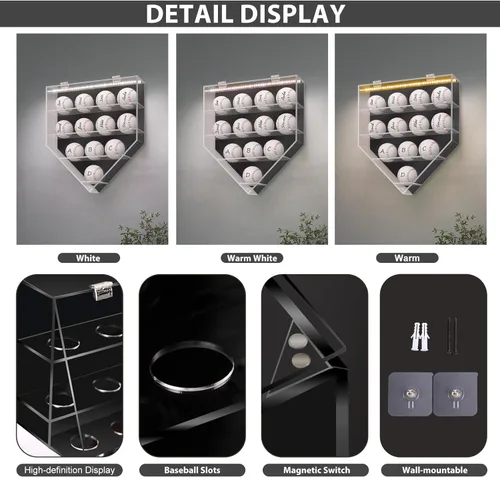 Miniatura 5 de Estuche de exhibición de béisbol, estuche acrílico para pelotas de béisbol, caja iluminada de sombra de béisbol, caja de sombra de béisbol