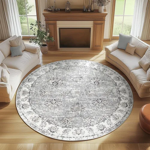 Jinchan Fiora - Alfombra redonda de 8 pies, alfombras de área vintage con diseño floral envejecido, lavable a máquina, antideslizante, de pelo bajo,