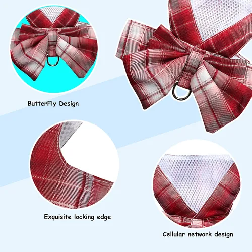 Miniatura 3 de Vestido a Cuadros para Perro con Corbatín Juego de Arnés y Correa, Ropa para Perro Vestido de Arnés con Anilla para Correa para Perros Pequeños Rojo