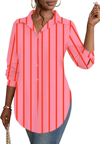 Miniatura 31 de Rooscier Blusa larga con cuello en V para mujer, manga larga, abertura lateral, con botones