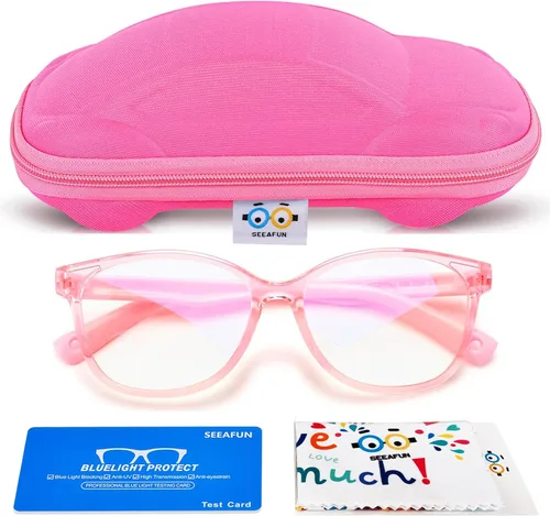 Miniatura 11 de Gafas de luz azul para niños y niñas con bonita funda de automóvil, protección UV400, antirayos azules, edades de 3 a 12 años Azul transparente