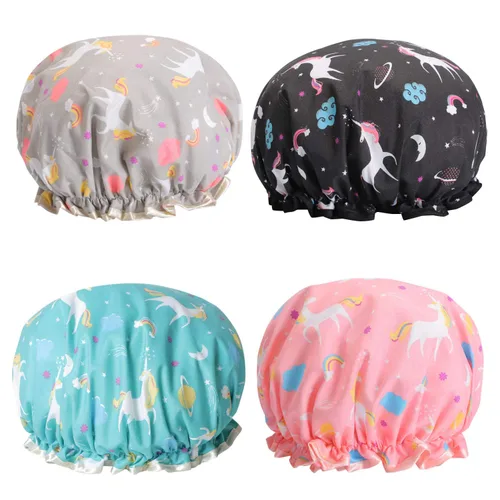 Miniatura 11 de 4 Piezas Gorros de Ducha para Mujeres y Niña, Gorro de Baño Reutilizable e Impermeable con Doble Capa Impermeable, Patrón de Pájaro y Corazón