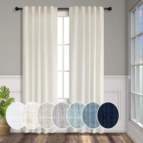 Miniatura 78 de Cortinas de lino azul de 84 pulgadas de largo para sala de estar; juego de 2 paneles con lengüeta trasera; cortinas con dobladillo para barra; Azul
