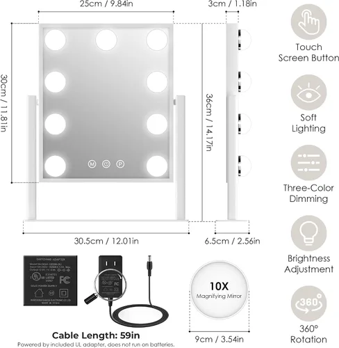 Miniatura 5 de Espejo de tocador con luces, espejo de maquillaje con 3 modos de iluminación, espejo iluminado con sensor táctil, alimentado por CA, giratorio 360°