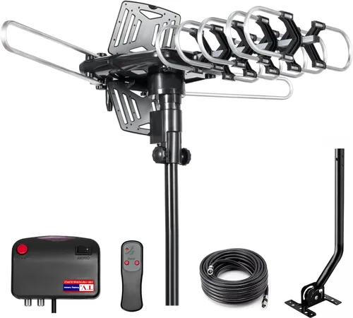 Antena de TV 2025 para exteriores para televisores inteligentes y antiguos (2 salidas), largo alcance de 200 millas con UHF/VHF, rotación motorizada