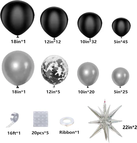 Miniatura 2 de Kit de arco de guirnalda de globos negros y plateados, 146 globos metálicos plateados y negros con globos plateados de papel de aluminio de estrella