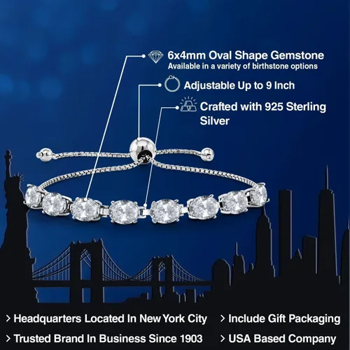 Miniatura 69 de Gem Stone King Pulsera de plata de ley 925 con piedra natal ovalada de 0.276 x 0.197 in para mujer, totalmente ajustable hasta 9 pulgadas