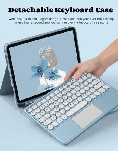 Miniatura 3 de Funda de teclado para iPad 10.2 para 9/iPad 8/iPad 7 (2021/2020/2019) Touchpad desmontable con soporte para lápices, funda inteligente de cuero Azul