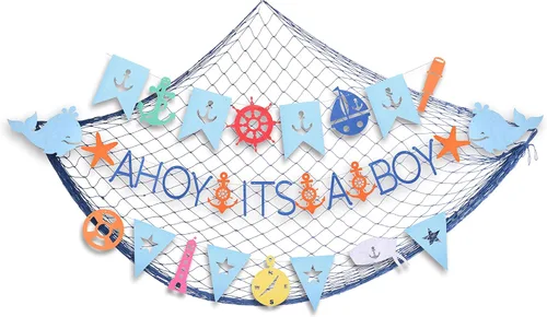 Ahoy It's a Boy Baby Shower - Decoraciones náuticas | Pancartas con forma y guirnalda temática para fiesta de bebé niño