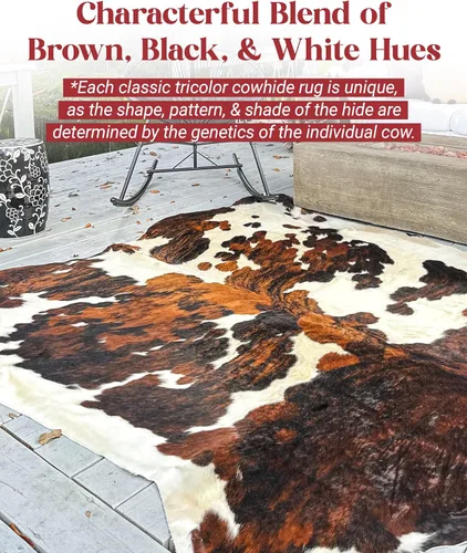 Miniatura 4 de Tricolor - Alfombra de piel de vaca clásica marrón, mezcla de colores blanco y negro, piel natural, alfombra de área (5 x 7 pies)