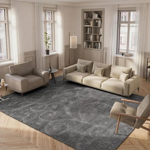 SAFAVIEH Alfombra de área de 9 x 12 pies, colección Florida Shag - Grande - Gris, diseño de volutas, no desprende pelusa y fácil de limpiar, pelo de
