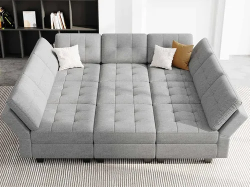 Miniatura 14 de Belffin Sofá cama modular de almacenamiento, sofá seccional con tumbonas anchas, sofá seccional convertible, sofá cama modular, cama gris claro