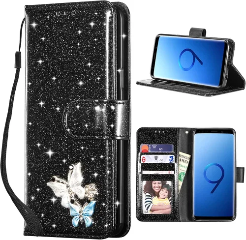UEEBAI Funda tipo cartera para Samsung Galaxy S9 de cuero PU brillante con ranuras para tarjetas y soporte magnético a prueba de golpes con correa