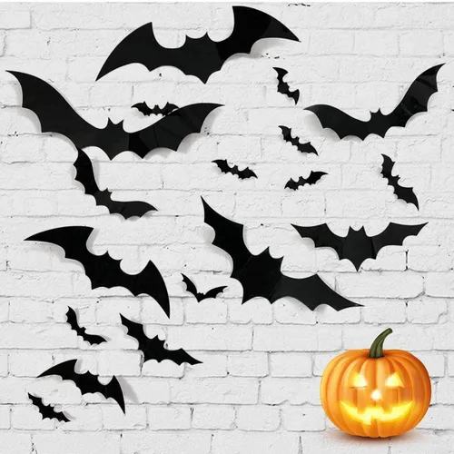 Miniatura 5 de 80 piezas de decoraciones de murciélagos de Halloween, 3 estilos de calcomanías extraíbles en 3D con 4 tamaños para decoración de Halloween