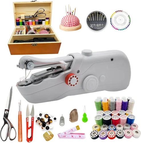 Máquina de coser de mano con exquisita caja de almacenamiento de madera y kit de costura de 142 piezas, interruptor eléctrico, fuente de