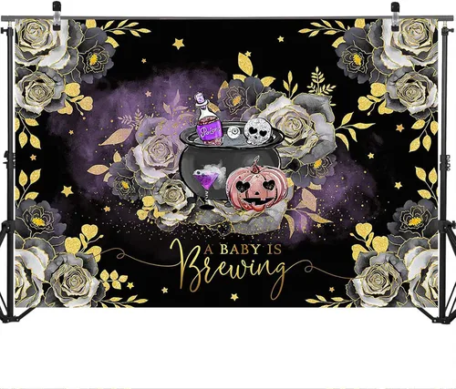 Miniatura 3 de Mocsicka Telón de fondo de Halloween para baby shower con texto en inglés «A Baby is Brewing Halloween», decoración de fiesta de baby shower, telón