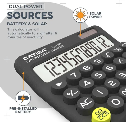 Miniatura 3 de Calculadora CATIGA con interruptor mecánico con energía dual solar y batería, pantalla LCD grande de 12 dígitos, calculadora de escritorio estética