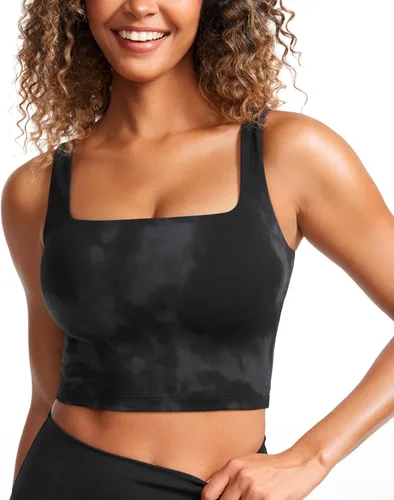 Miniatura 73 de CRZ YOGA Butterluxe Brasier deportivo de cuello cuadrado para mujer, estilo camiseta corta sin mangas, acolchado con soporte integrado para yoga