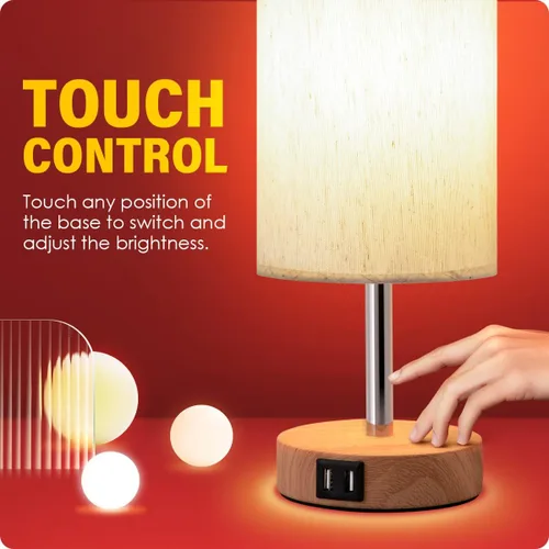 Miniatura 5 de Yarra-Decor Lámparas de noche con puerto USB, lámpara de mesa con control táctil para dormitorio, de madera, de 3 vías, regulable, juego de 2